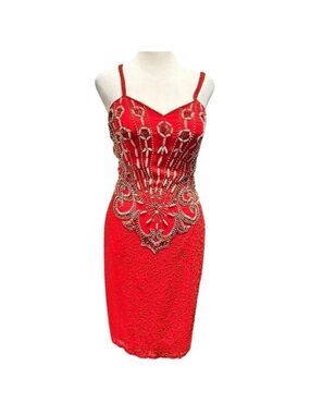 ALYCE Designs Gorgeous Red Gold Beaded Sequined Silk Mini Dress 6 Never Worn